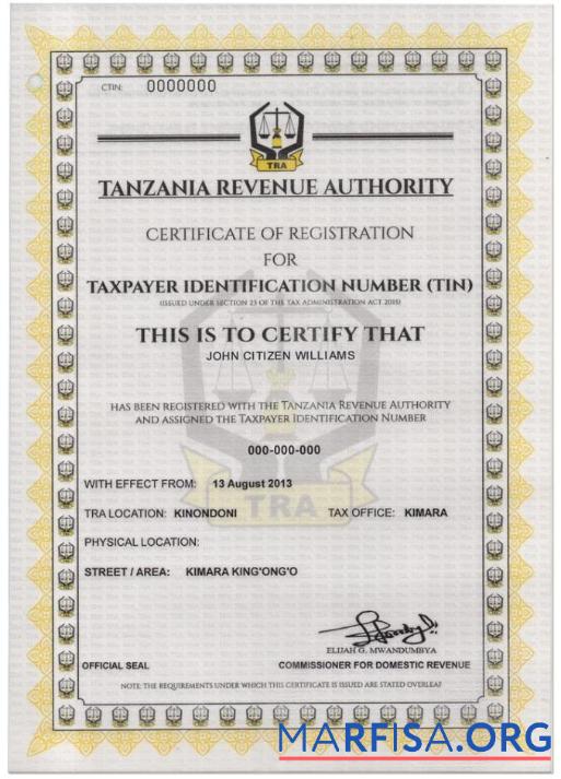 Realistic TANZANIA taxpayer identification number (TIN) registration certificate download for verification